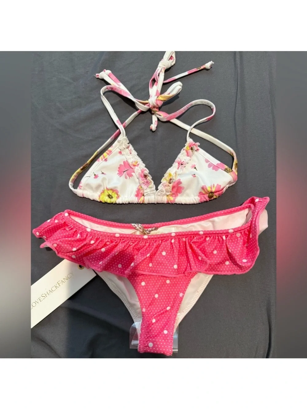 LoveShackFancy Bright Peony Multi Pink Polka Dot Bikini Set size 2-3 years